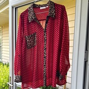 Belle by Kim Gravel Red Polka Dot Blouse with Leopard Accents